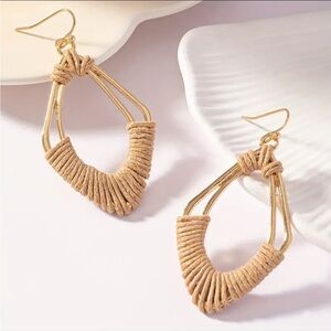✨ Boho Woven Teardrop Dangle Earrings | Gold Tone + Natural Fiber